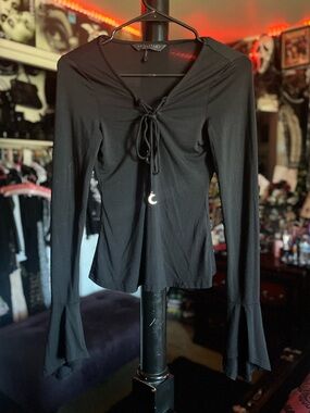 Killstar Black Lace-Up Bell Sleeve Top w/ Moons